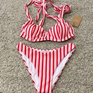 Samiol Pink Striped Bow V-Notch Bikini Set